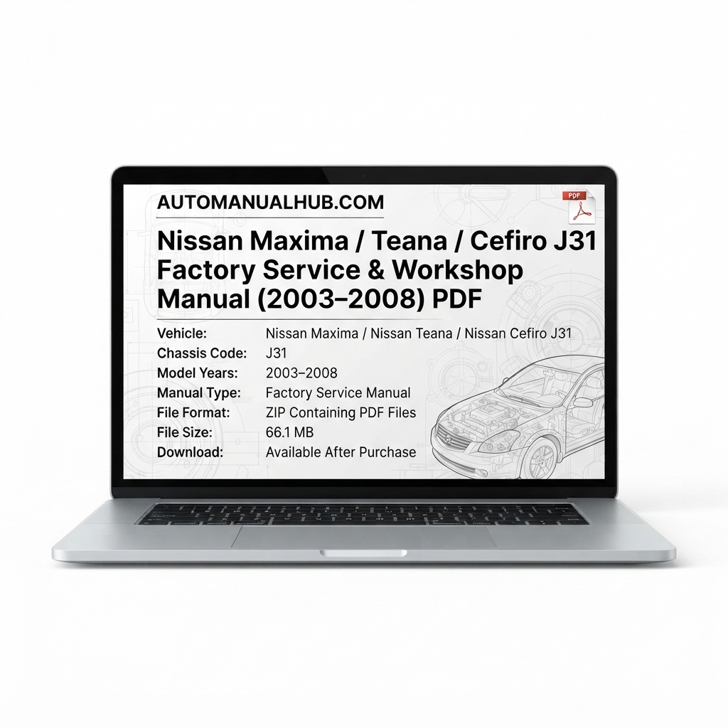 Factory Service and Workshop Manual for Nissan Maxima, Teana and Cefiro J31 (2003–2008) covering maintenance, repairs, wiring diagrams and diagnostics.