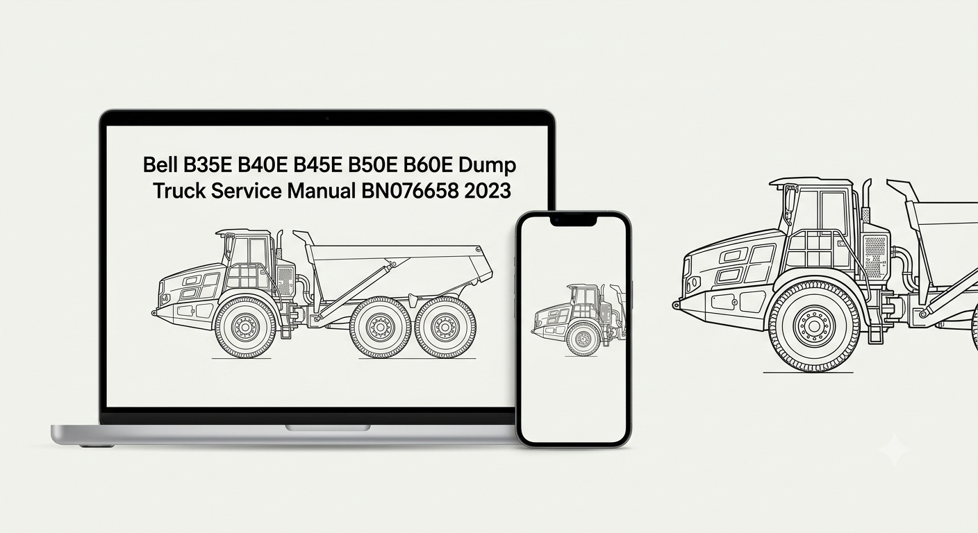 Bell B35E B40E B45E B50E B60E Dump Truck Service Manual BN076658 2023 title on laptop screen with smartphone and articulated dump truck technical line-art diagram