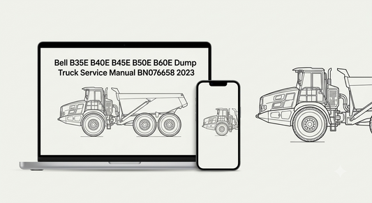 Bell B35E B40E B45E B50E B60E Dump Truck Service Manual BN076658 2023 title on laptop screen with smartphone and articulated dump truck technical line-art diagram
