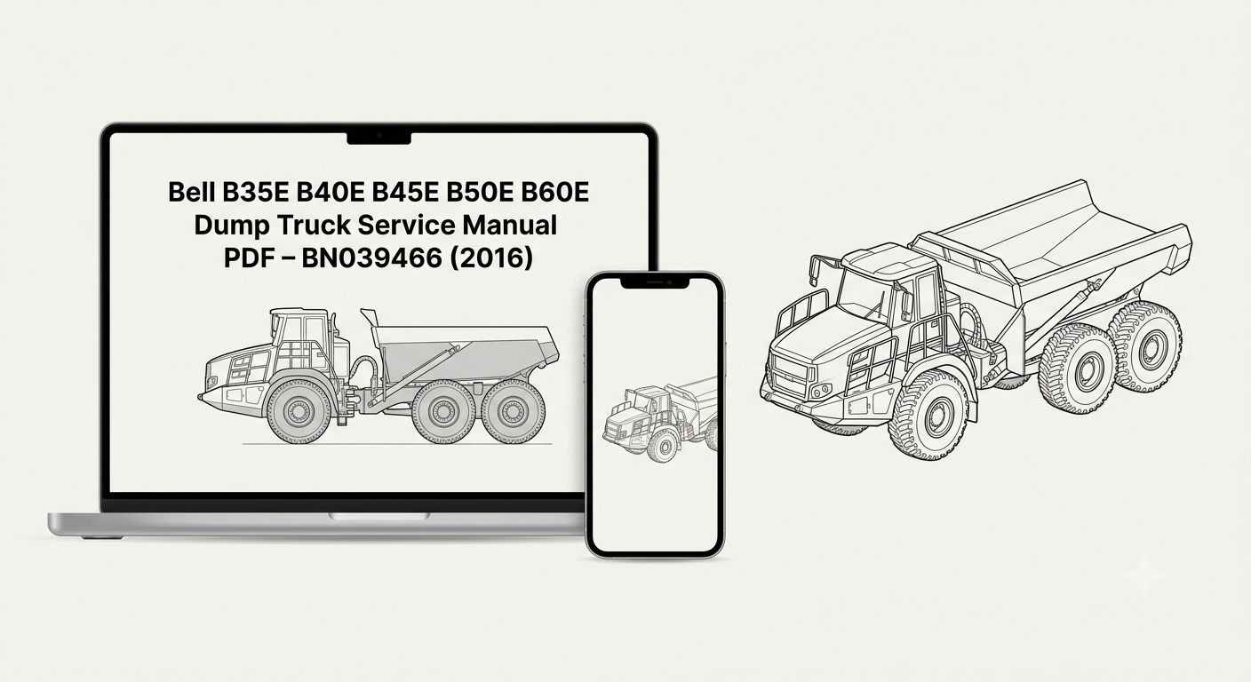 Bell B35E B40E B45E B50E B60E Dump Truck Service Manual PDF BN039466 (2016) title on laptop screen with smartphone and articulated dump truck technical line-art diagram