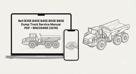 Bell B35E B40E B45E B50E B60E Dump Truck Service Manual PDF BN039466 (2016) title on laptop screen with smartphone and articulated dump truck technical line-art diagram