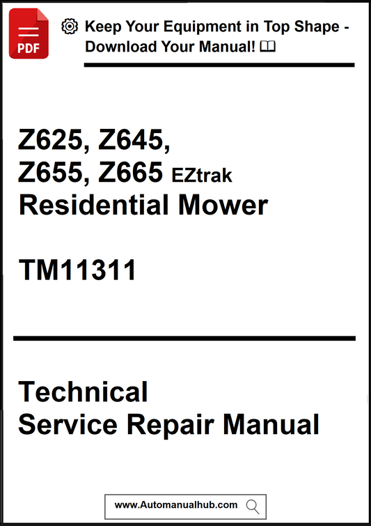 Technical service repair manual for EZtrak Residential Mower models Z625, Z645, Z655, Z665 with a download offer.