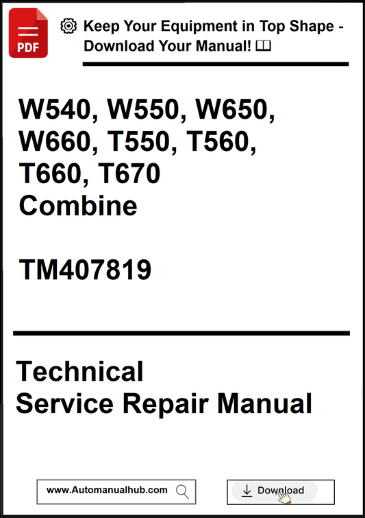Technical Service Repair Manual for agricultural equipment with model numbers and a download prompt.