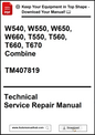 Technical Service Repair Manual for agricultural equipment with model numbers and a download prompt.