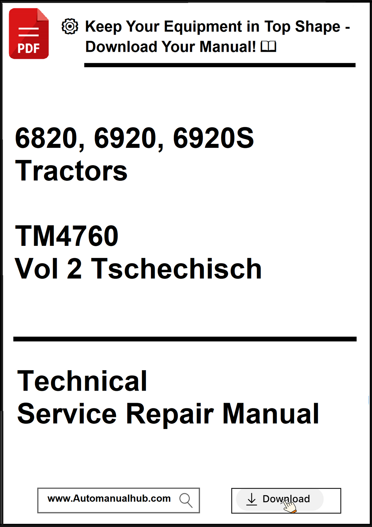Technical service repair manual for 6820, 6920, 6920S tractors with Czech text on a white background.