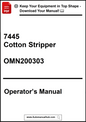 Operator's manual for a 7445 Cotton Stripper with contact information and website URL.