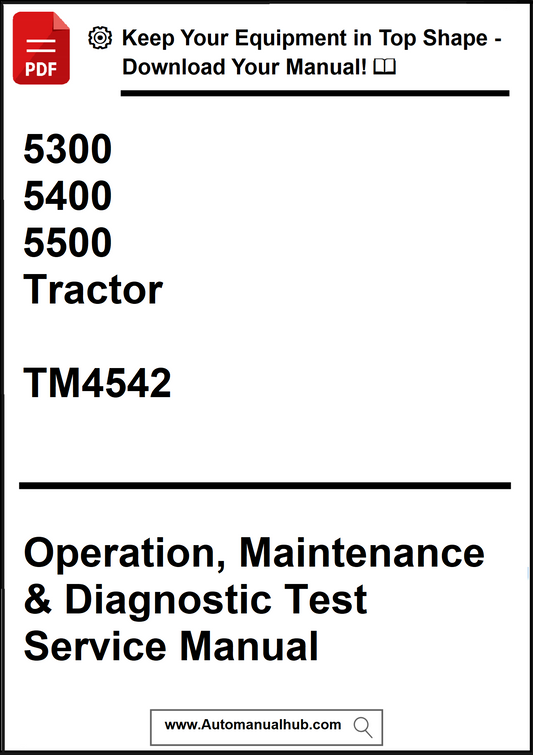 Manual cover for 5300, 5400, 5500 Tractor Operation, Maintenance & Diagnostic Test Service Manual with promotional text at the top.
