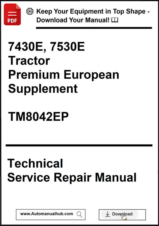 Technical service repair manual for 7430E and 7530E tractors with a download button.