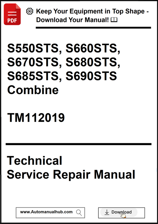 Technical Service Repair Manual for agricultural equipment with model numbers and manual download information.