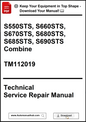 Technical Service Repair Manual for agricultural equipment with model numbers and manual download information.