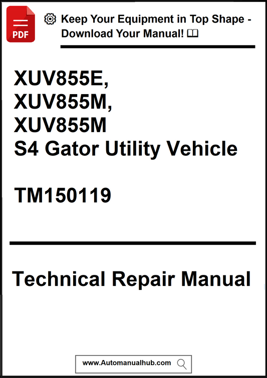 Technical repair manual for XUV855E, XUV855M, XUV855M S4 Gator Utility Vehicle with a download prompt.