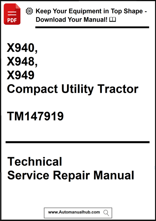 Technical service repair manual for X940, X948, X949 Compact Utility Tractor with a download prompt.
