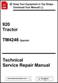 Technical Service Repair Manual for a 920 Tractor, specifically TM4246 in Spanish, with a call to action to download the manual.