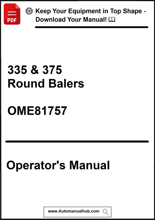 Operator's manual for 335 & 375 Round Balers with a download prompt on a white background.