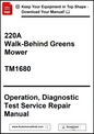 Manual cover for 220A Walk-Behind Greens Mower with text and branding elements.