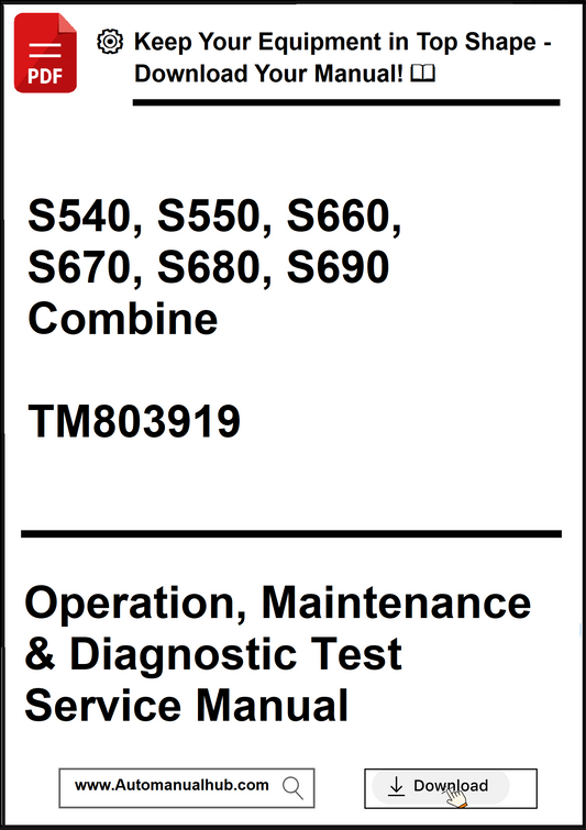 Manual cover for John Deere combine models S540 to S690 with download information.