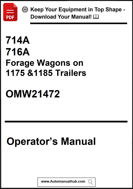 Operator's manual for 714A, 716A forage wagons on 1175 & 1185 trailers with a download prompt.