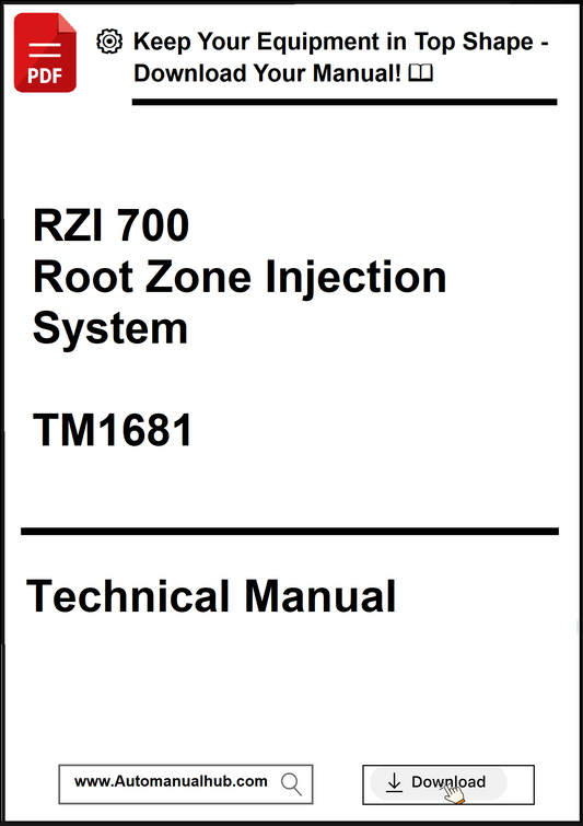 Technical manual cover for RZI 700 Root Zone Injection System with download prompt.