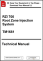 Technical manual cover for RZI 700 Root Zone Injection System with download prompt.