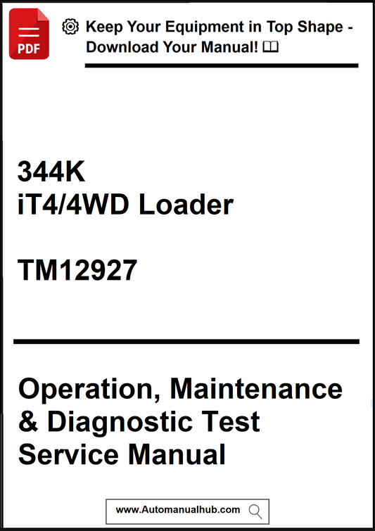 Manual cover for 344K iT4/4WD Loader with text about operation, maintenance, and diagnostic test service.