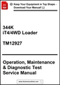 Manual cover for 344K iT4/4WD Loader with text about operation, maintenance, and diagnostic test service.
