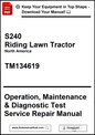 Manual cover for S240 Riding Lawn Tractor with text about operation, maintenance, and diagnostic test service repair.
