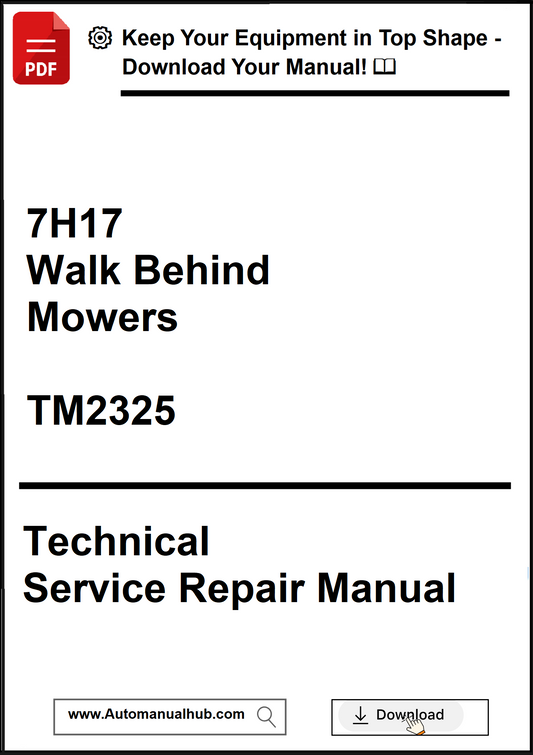 Technical service repair manual for walk behind mowers with a download prompt.