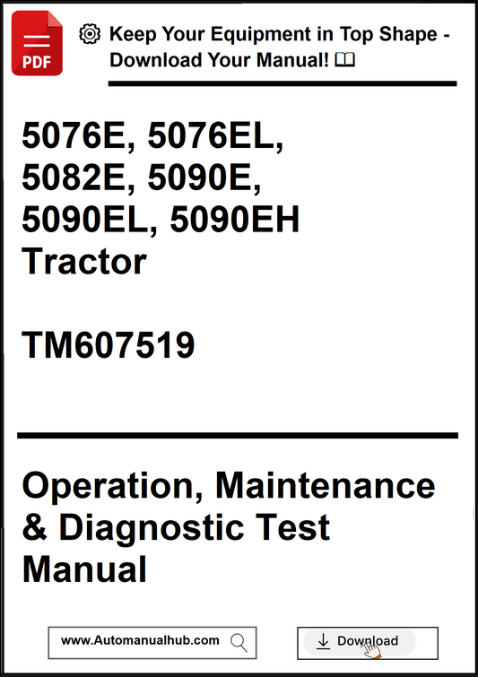 Manual cover for tractor operation, maintenance, and diagnostic test with model numbers and download information.
