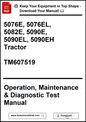 Manual cover for tractor operation, maintenance, and diagnostic test with model numbers and download information.