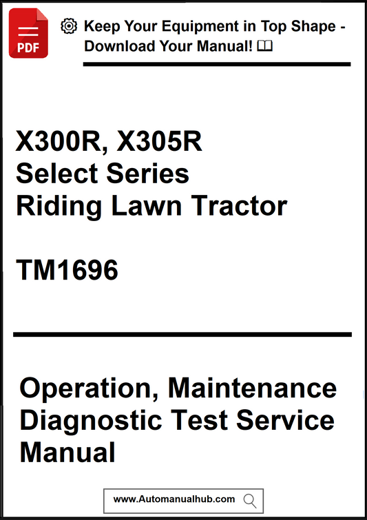 Manual cover for X300R, X305R Select Series Riding Lawn Tractor TM1696 with text on a white background.