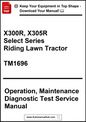 Manual cover for X300R, X305R Select Series Riding Lawn Tractor TM1696 with text on a white background.