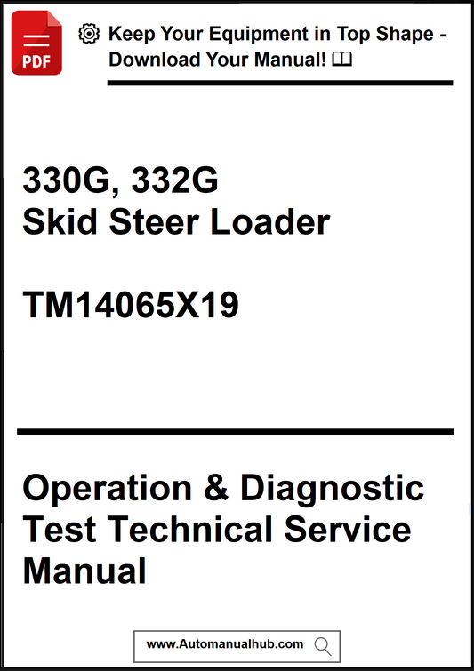 Technical service manual for 330G and 332G skid steer loaders with a download prompt.