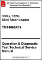 Technical service manual for 330G and 332G skid steer loaders with a download prompt.