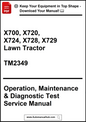 Manual cover for X700, X720, X724, X728, X729 lawn tractors with text about operation, maintenance, and diagnostic test service manual.