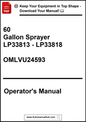 Operator's manual for a 60-gallon sprayer model LP33813 - LP33818 with a call to action to download the manual.