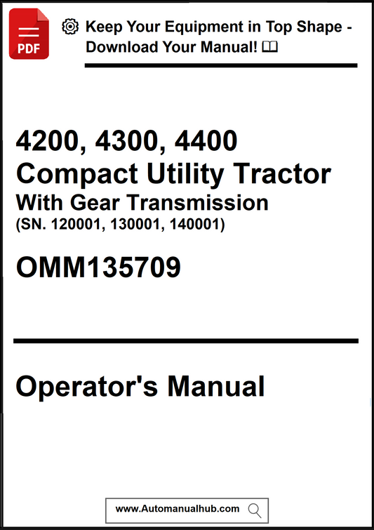 Operator's manual for a compact utility tractor with gear transmission on a white background.