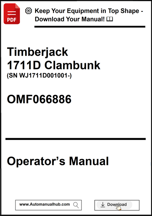 Operator's manual for Timberjack 1711D Clambunk with contact information and download link.