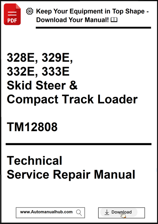 Technical service repair manual for John Deere skid steer and compact track loaders on a white background.