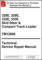Technical service repair manual for John Deere skid steer and compact track loaders on a white background.