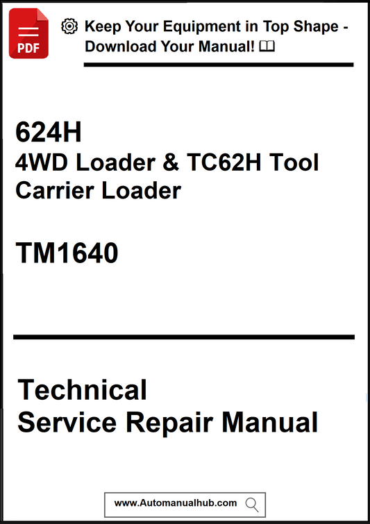 Technical service repair manual cover for 624H 4WD Loader & TC62H Tool Carrier Loader with TM1640 on a white background.