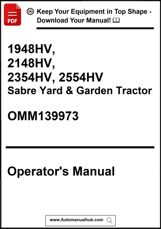 Operator's manual for Sabre Yard & Garden Tractor models 1948HV, 2148HV, 2354HV, 2554HV with a download prompt.