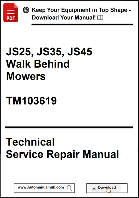 Technical service repair manual for John Deere walk-behind mowers on a white background
