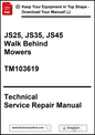 Technical service repair manual for John Deere walk-behind mowers on a white background