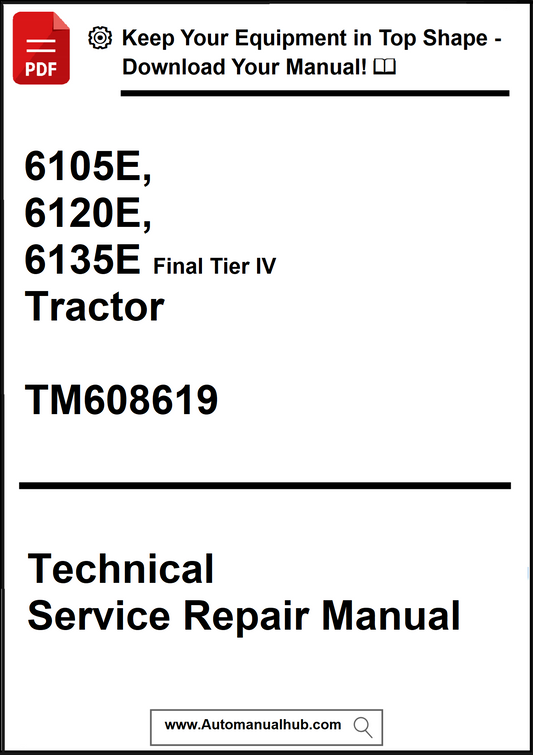 Technical Service Repair Manual for 6105E, 6120E, and 6135E Tractors with a download prompt.