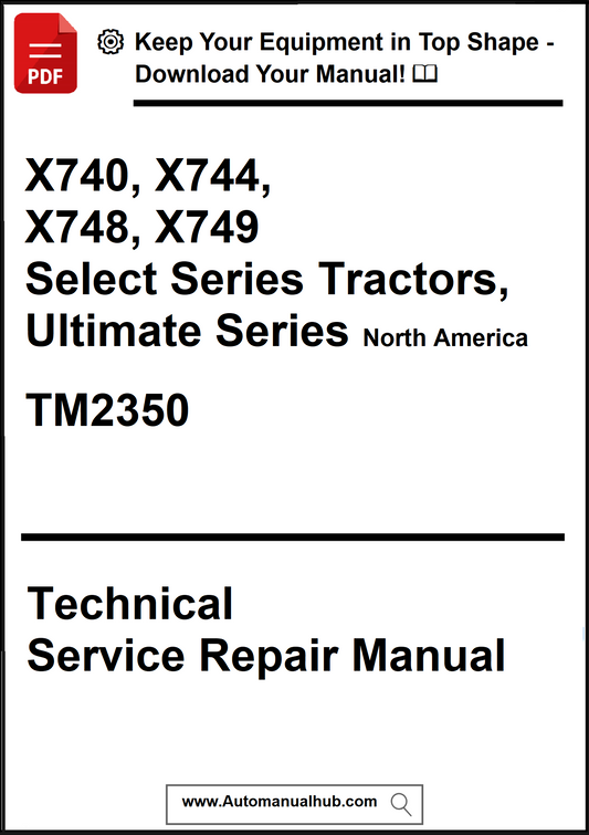 Technical service repair manual cover for John Deere X740, X744, X748, X749 tractors with a download offer.