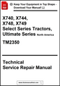 Technical service repair manual cover for John Deere X740, X744, X748, X749 tractors with a download offer.
