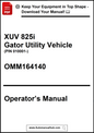 Operator's manual for XUV 825i Gator Utility Vehicle with contact information.