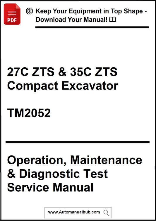Manual cover for 27C ZTS & 35C ZTS Compact Excavator with text about operation, maintenance, and diagnostic test service.