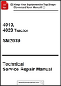 Technical service repair manual for 4010 and 4020 tractor model SM2039 on a white background.