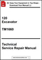 Technical service repair manual for an excavator model TM1660 on a white background.